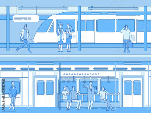People in subway. Man woman waiting train metro platform station. Persons in train interior. Underground transportation vector concept. Illustration of passenger underground metro, platform