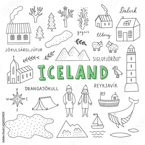 Iceland hand drawn icons and symbols on white background. Hand drawn outline vector travel elements about Iceland