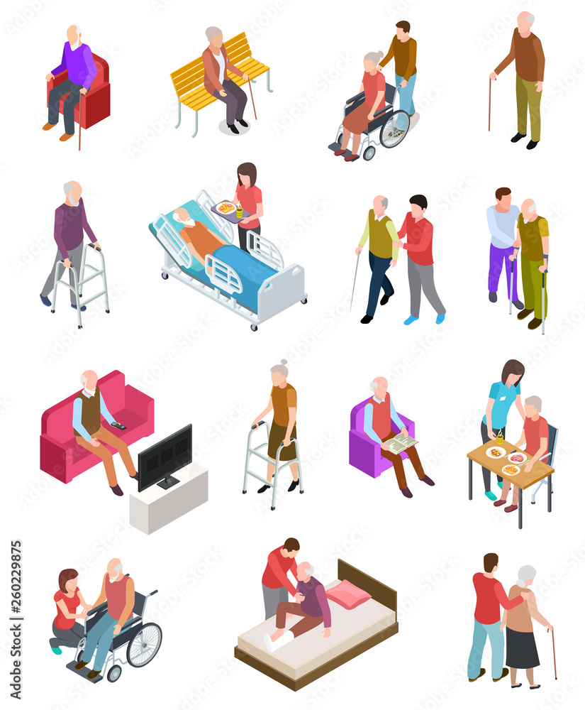 Elderly people isometric. Senior persons, helper nurse. Seniors medical home therapy. People in wheelchair. 3d gerontology vector set. Care therapy, medical health for elderly character illustration