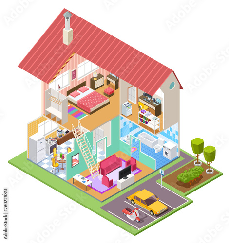 Cutaway house isometric. Housing construction cross section with kitchen bedroom bathroom interior. 3d vector house inside. Bathroom and kitchen isometric interior in home building illustration