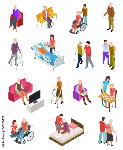 Elderly people isometric. Senior persons, helper nurse. Seniors medical home therapy. People in wheelchair. 3d gerontology vector set. Care therapy, medical health for elderly character illustration