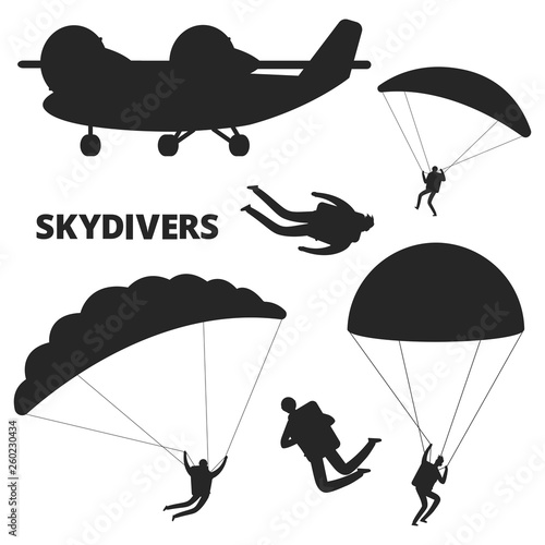 Airplane and skydivers vector silhouettes isolated on white background. Skydiving and airplane, parachutist flight black silhouette illustration