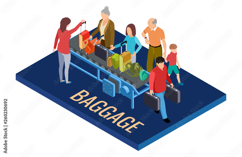 Isometric baggage claim at the airport vector concept. Illustration of people wait luggage or baggage isometry, belt conveyor in airport Isometric baggage claim at the airport vector concept. Illustration of people wait luggage or baggage isometry, belt conveyor in airport