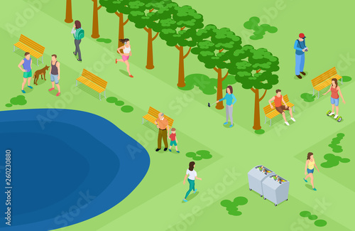 People relaxing and running in the park isometric vector background. Isometric park with people do fitness illustration