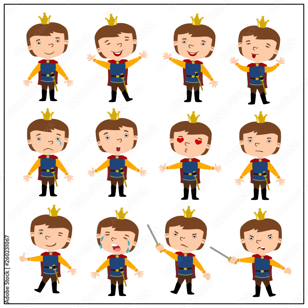 Set of funny prince in cartoon style in different poses isolated on white background Set of funny prince in cartoon style in different poses isolated on white background