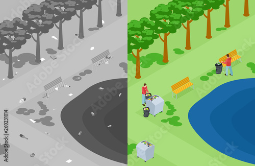 Vector nature or park pollution. Volunteers collect garbage in the park isometric concept. Illustration of volunteer collect trash in park