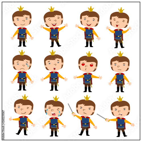 Set of funny prince in cartoon style in different poses isolated on white background