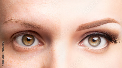 Tableau sur toile Female eyes before and after beautiful makeup, eyelash extension, eyebrow liner,