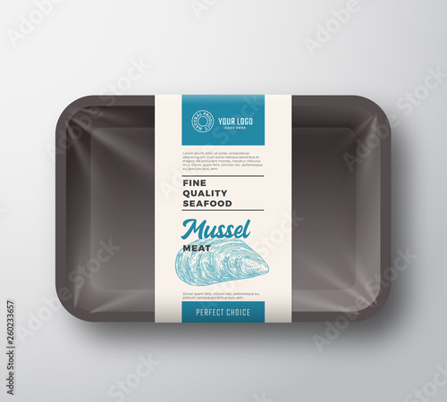 Premium Seafood Pack. Abstract Vector Plastic Tray Container with Cellophane Cover. Packaging Design Label. Modern Typography Hand Drawn Mussel Mollusc Silhouette with Colorful Elements Layout.
