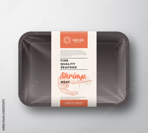 Premium Seafood Pack. Abstract Vector Plastic Tray Container with Cellophane Cover. Packaging Design Label. Modern Typography Hand Drawn Shrimp Silhouette with Colorful Elements Layout.