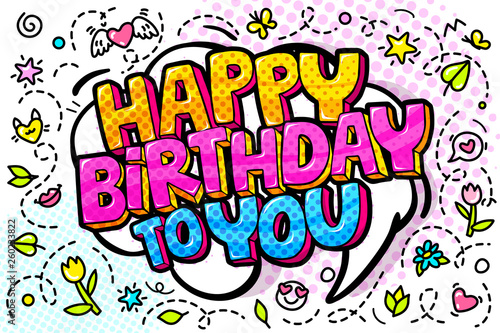 Canvas Print Happy Birthday word bubble. Message in pop art comic style