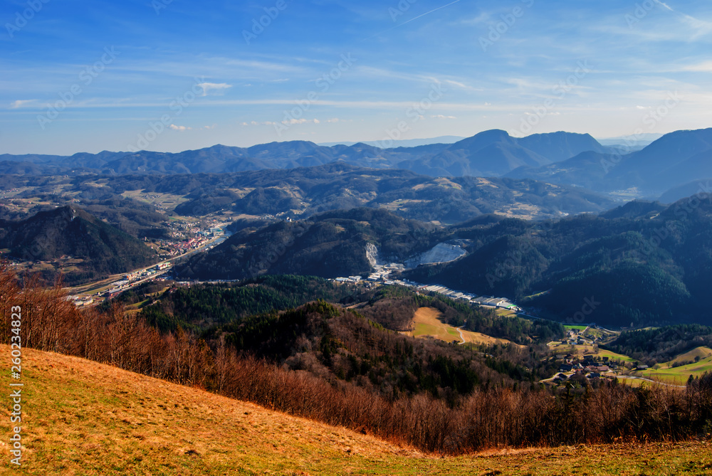 Beautiful Slovenian landscape view from top of the hill. 