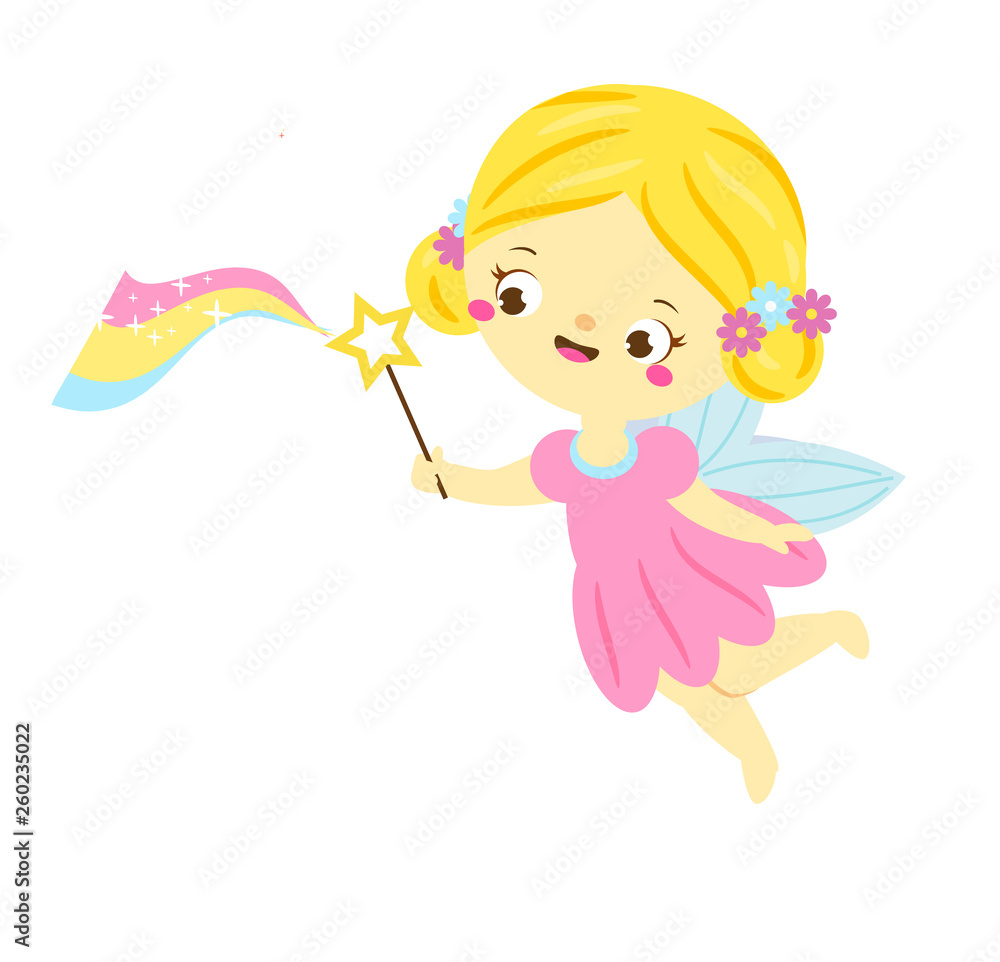Cute fairy flapping magic wand. Cartoon little flying fairy, pixie, elf girl character Cute fairy flapping magic wand. Cartoon little flying fairy, pixie, elf girl character