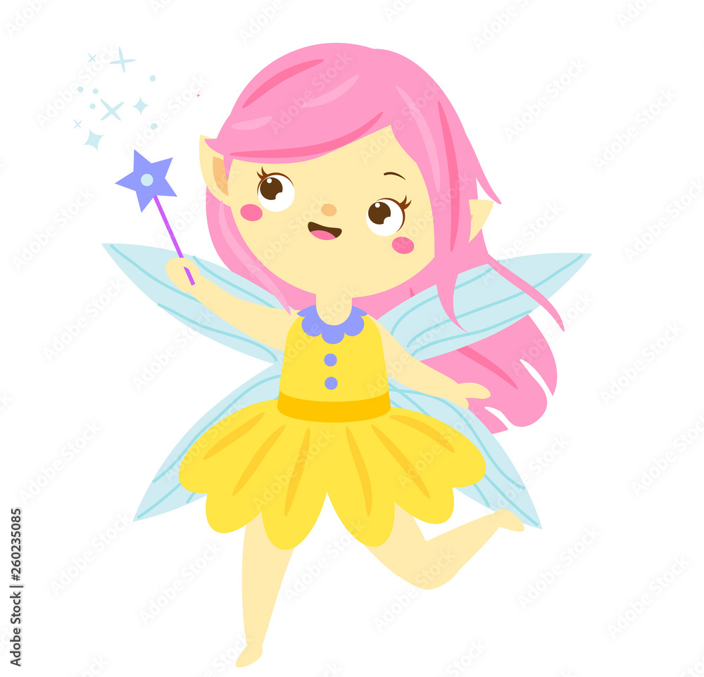 Cute fairy flapping magic wand. Cartoon little flying princess, pixie, elf  character Stock Vector | Adobe Stock