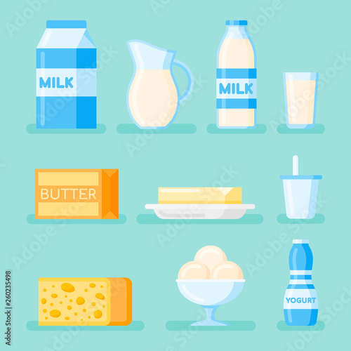 Set of dairy products flat style icon isolated on background. Milk, cheese, butter, yogurt and ice cream. Vector illustration.