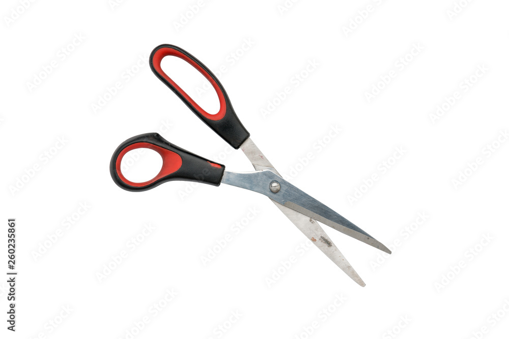 old used black and red scissors, isolated on white old used black and red scissors, isolated on white
