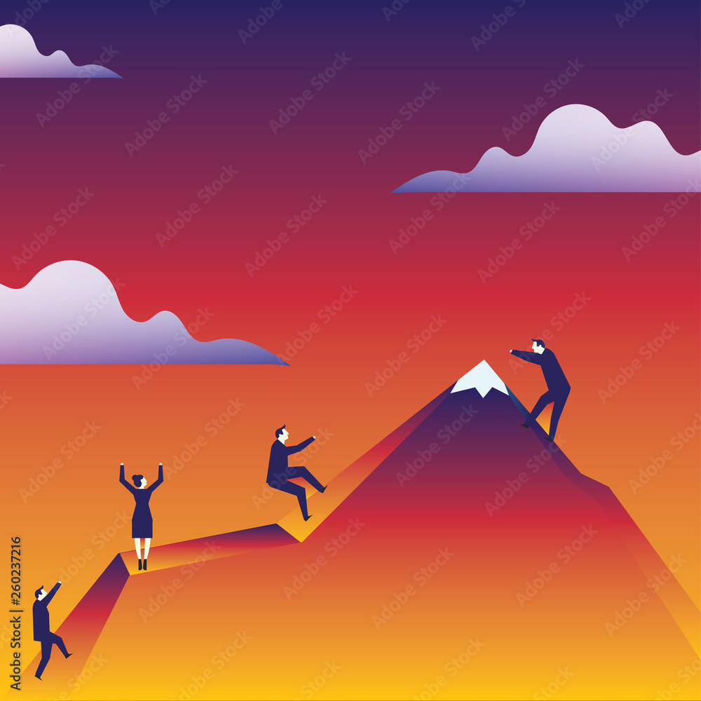 Business People Climbing Color Mountain by Themselves Holding Invisible Rope Design business Empty template isolated Minimalist graphic layout template for advertising