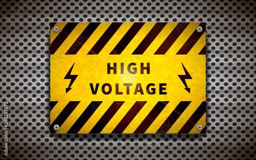 Yellow high voltage sign on metallic grid, industrial background
