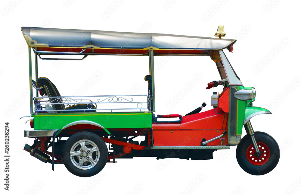 Sideview Tuk Tuk transportation in thailand on white background , picture have clipping path