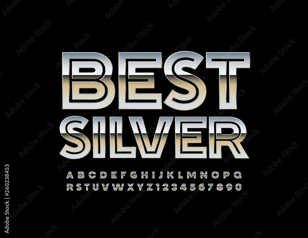 Vector Best Silver Font. Glossy Alphabet set. Metallic reflective Letters and Numbers.
