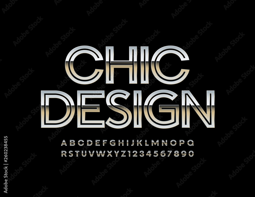 Vector chic Silver Font. Elegant Metallic Alphabet Letters and Numbers.