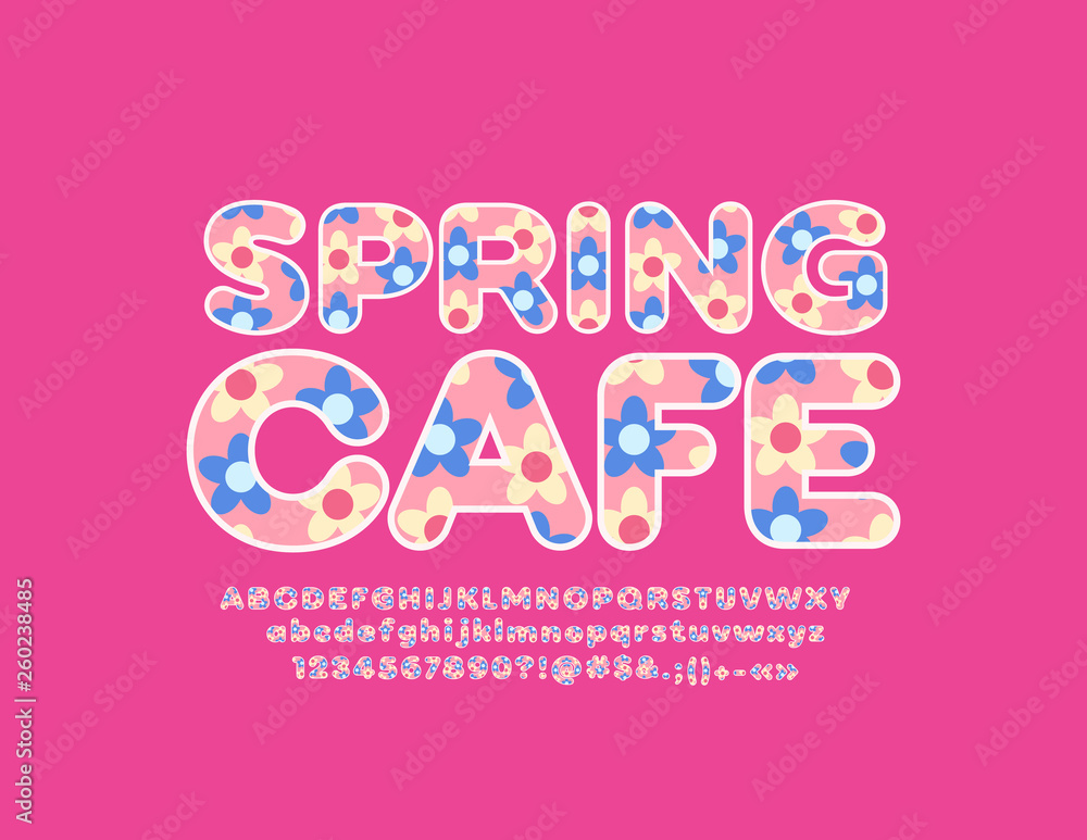 Vector beautiful emblem Spring Cafe. Floral pattern Font. Cute colorful Alphabet Letters, Numbers and Symbols with Flowers.
