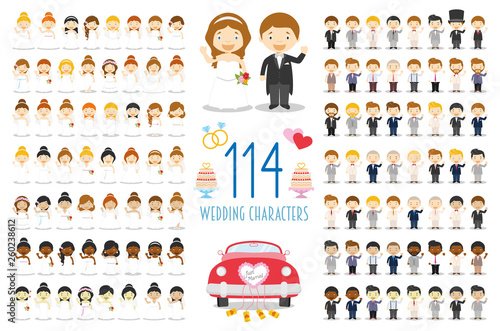 Set of 114 wedding characters and nuptial icons in cartoon style