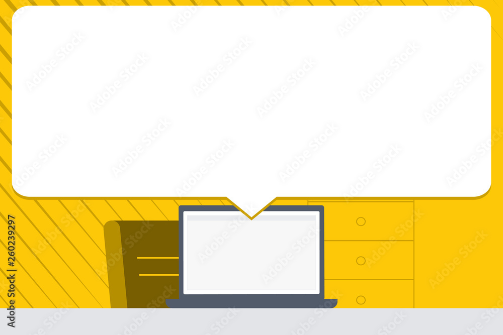 Blank Huge Speech Bubble Pointing to White Laptop Screen in Workspace Idea Design business concept Empty template copy space text for Ad website isolated Blank Huge Speech Bubble Pointing to White Laptop Screen in Workspace Idea Design business concept Empty template copy space text for Ad website isolated