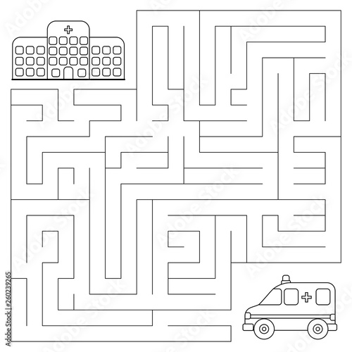 Maze game for kids. Vector coloring page. Help the ambulance car find right path to the hospital.