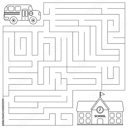 Maze game for preschool children. Vector coloring page. Help the bus find right path to the school.
