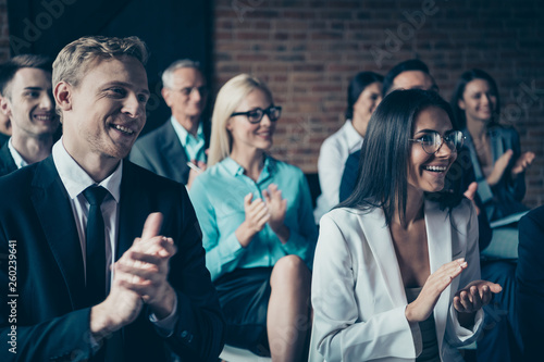 Portrait of nice cheerful beautiful handsome elegant classy stylish trendy top executive managers attending classes clapping palms congrats at industrial loft style interior room work place station