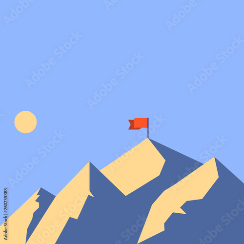 Mountains with Shadow Indicating Time of Day and Flag Banner on One Peak Design business concept Empty template copy space text for Ad website isolated