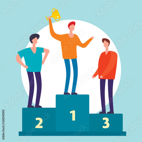 Man with trophy cup. Business competition winner. Businessman with winner cup standing on podium flat concept. Winner man success on podium