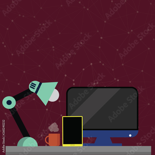 Arrangement of Workspace for Nightshift Worker with Computer,Tablet and Lamp Design business Empty copy space text for Ad website promotion isolated Banner template