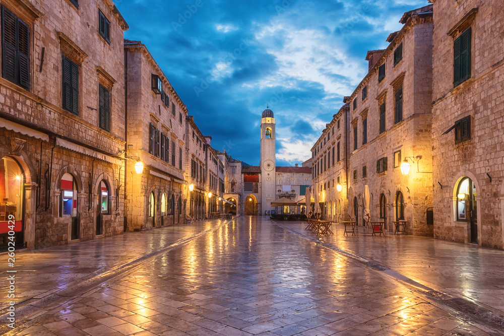 Stradun Placa, the main street of the Old City of Dubrovnik. The world famous and most visited historic city of Croatia, UNESCO World Heritage site, travel background