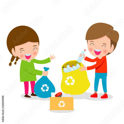 Children collect rubbish for recycling, Illustration of Kids Segregating Trash, recycling trash, Save the World , Boy and girl recycling, Kids Segregating Trash, children and recycling.