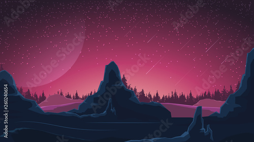Space landscape in purple tones, nature on another planet. Vector illustration.