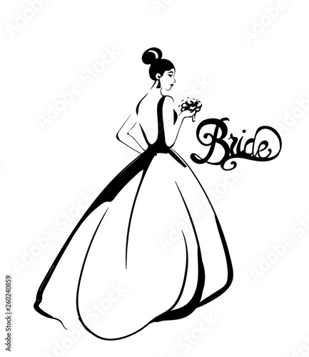 Bride silhouette Vector line art. Beautiful long dress . Template for design ...