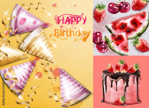 Happy birthday card with cake and birthday hats Vector watercolor. Invitation...