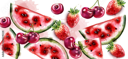 Watermelon and cherry Vector watercolor texture. Fruits pattern backgrounds