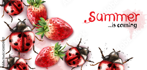 Summer season with strawberry and ladybugs Vector watercolor cards
