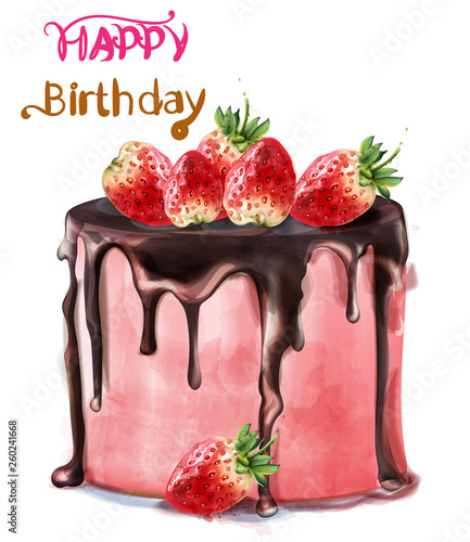 Happy birthday delicious strawberry cake Vector watercolor. Card decors