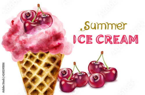 Summer ice cream cone with cherry watercolor Vector. Colorful juicy desserts