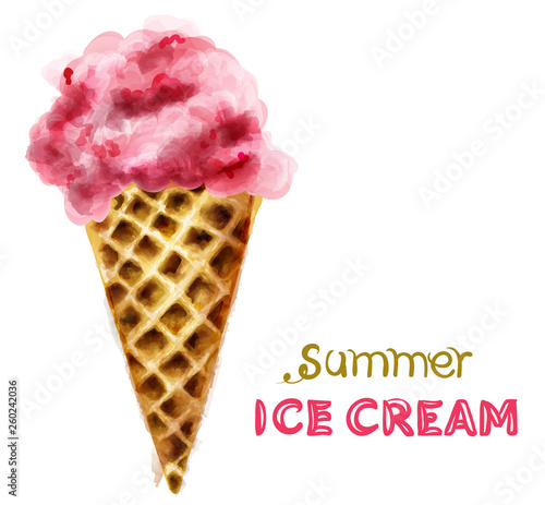 Summer ice cream cone with cherry watercolor Vector. Colorful juicy desserts