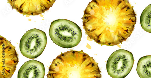 Kiwi and pineapple pattern Vector watercolor. Summer texture backgrounds