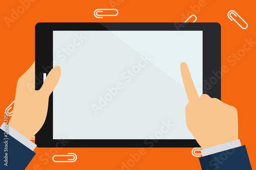 Hand Holding Pointing Touching Blank Rectangular Color Tablet White Screen Copy Space design Empty template text for Ad, promotion, poster, flyer, web banner, article