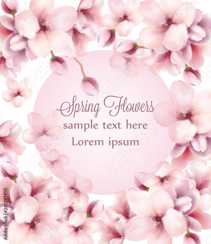 Cherry Flowers watercolor frame background Vector. Spring blooming floral decors