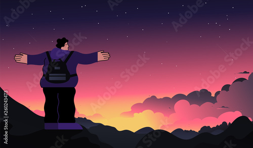 Man with backpack, traveller or explorer standing on top of mountain or cliff and looking on valley. Concept of discovery, exploration, hiking, adventure tourism and travel. Flat vector illustration. 