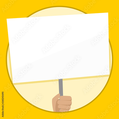 Hand Holding Blank White Placard Supported by Handle for Social Awareness Design business concept Empty copy space modern abstract background
