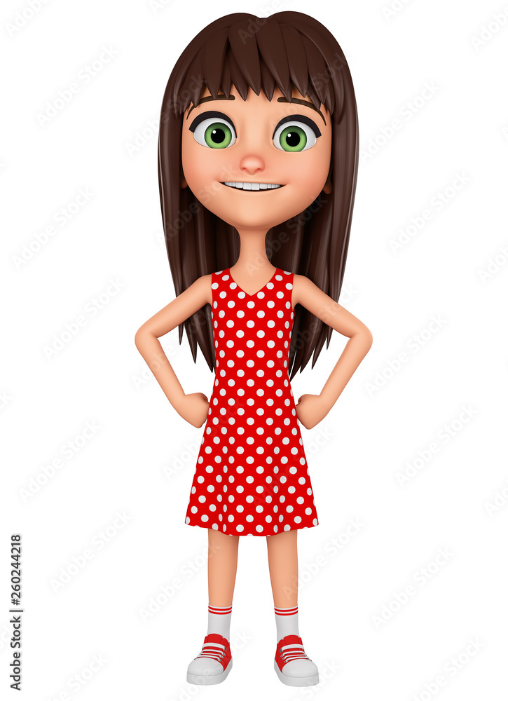 Cartoon character girl in red dress on white background. 3d rendering. Illustration for advertising. Cartoon character girl in red dress on white background. 3d rendering. Illustration for advertising.